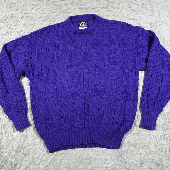 Vintage 90s Woolrich Cable Knit Sweater Women XL Blue Purple Cotton Chunky - Picture 1 of 10